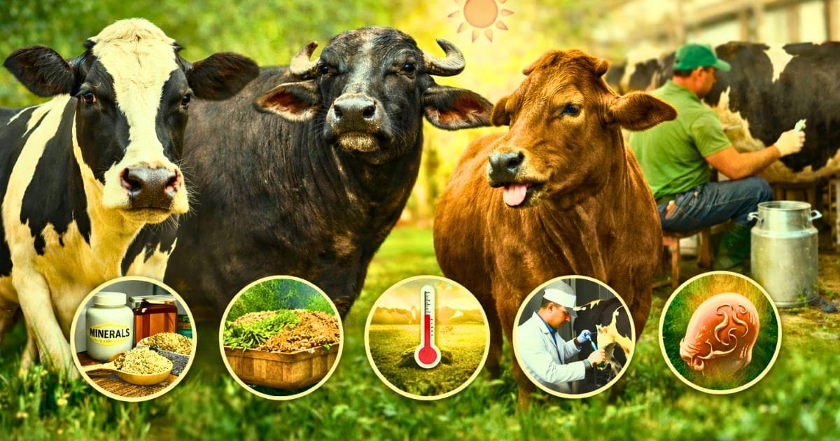 गाय और भैंस के दूध उत्पादन में कमी के कारण और समाधान समझाते हुए डेयरी पशुपालन का दृश्य